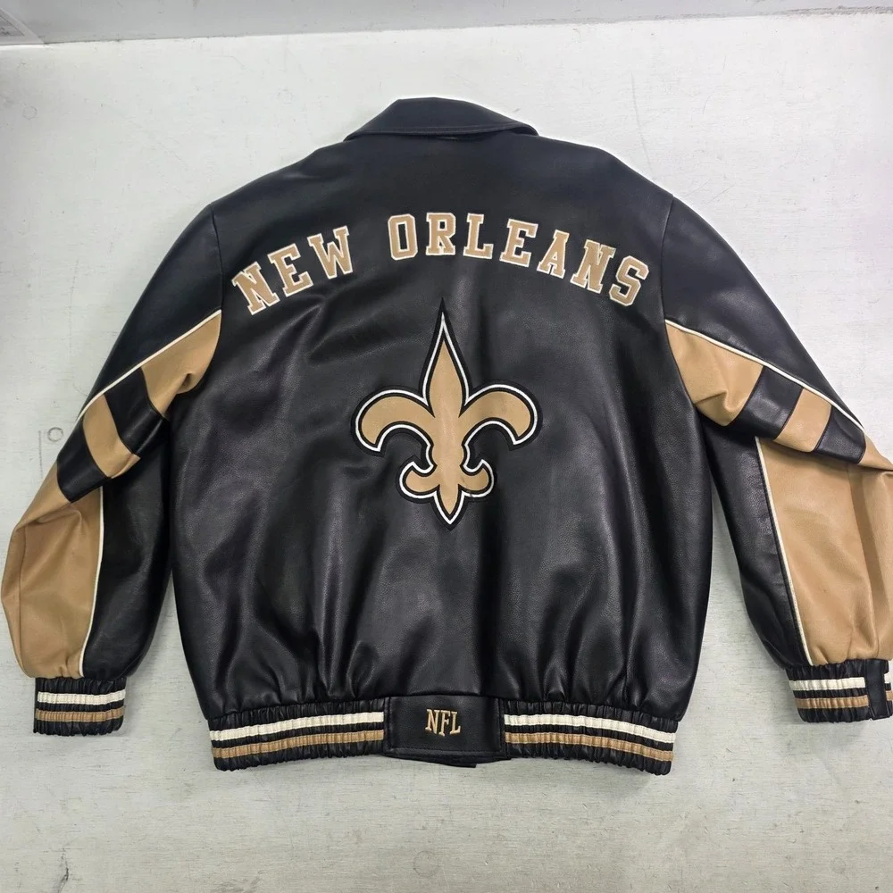 New Orleans Saints Faux Leather Jacket Men's Size L G-III NFL Embroidered Patch